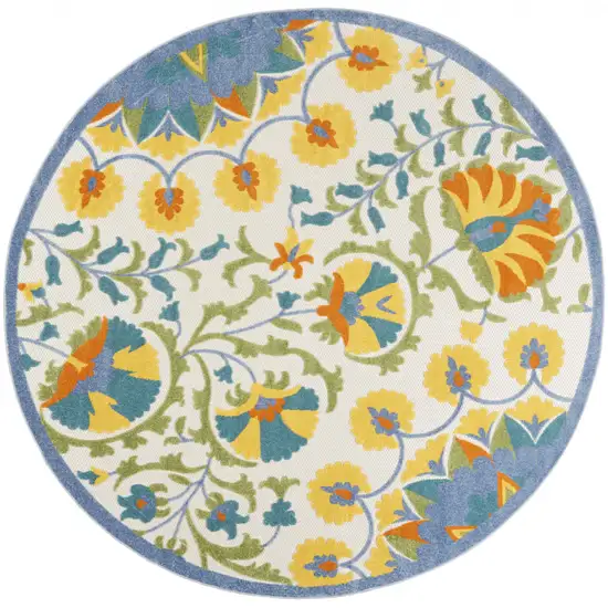 Blue Yellow And White Round Toile Non Skid Indoor Outdoor Area Rug Photo 1