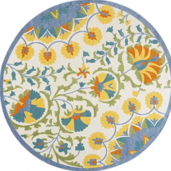 Blue Yellow And White Round Toile Non Skid Indoor Outdoor Area Rug Photo 4