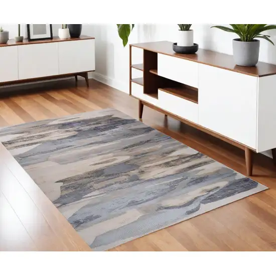 Blue and Beige Abstract Distressed Area Rug Photo 4