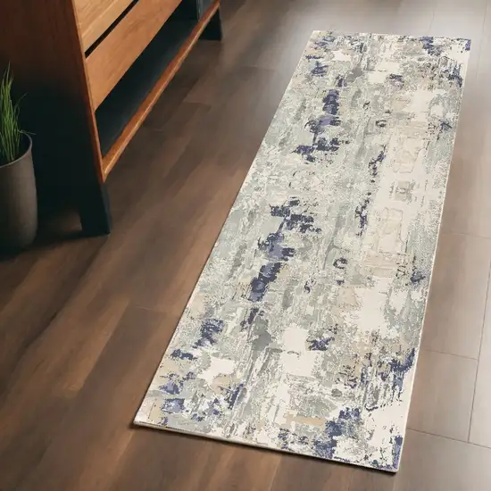 Blue and Beige Abstract Runner Rug Photo 1