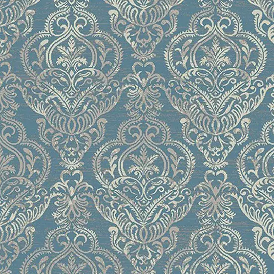 Blue and Beige Damask Distressed Area Rug Photo 3