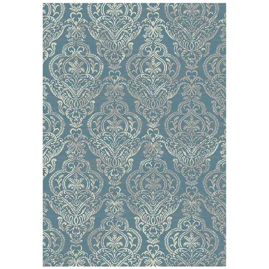 Blue and Beige Damask Distressed Area Rug Photo 4