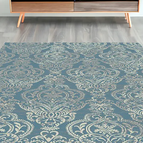 Blue and Beige Damask Distressed Area Rug Photo 2