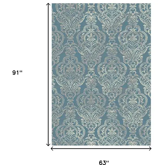 Blue and Beige Damask Distressed Area Rug Photo 5