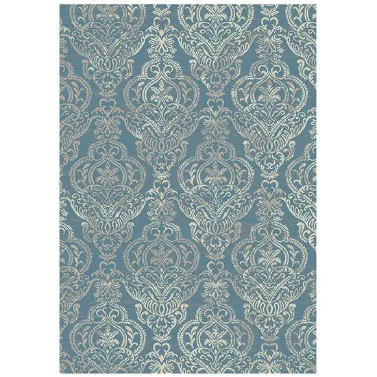 Blue and Beige Damask Distressed Area Rug Photo 1