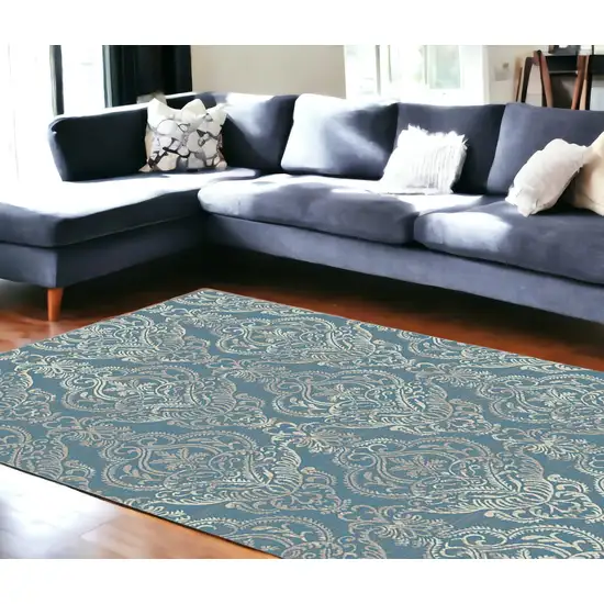 Blue and Beige Damask Distressed Area Rug Photo 3