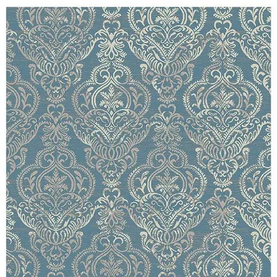 Blue and Beige Damask Distressed Area Rug Photo 4