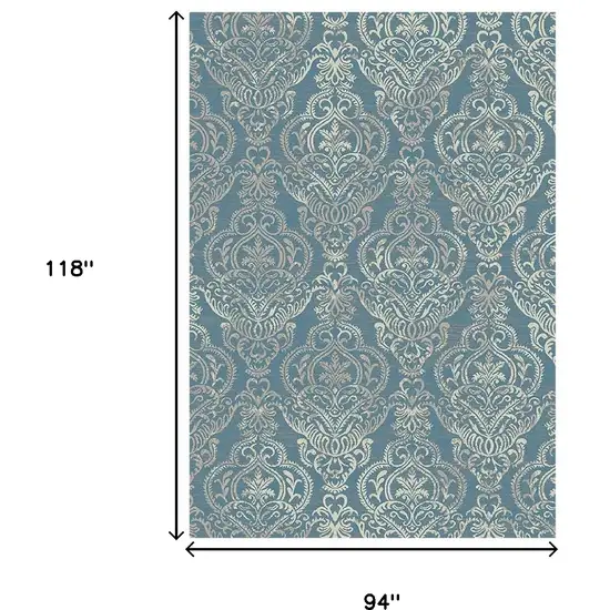 Blue and Beige Damask Distressed Area Rug Photo 6