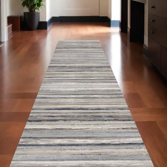 10' Blue and Beige Striped Distressed Runner Rug Photo 1