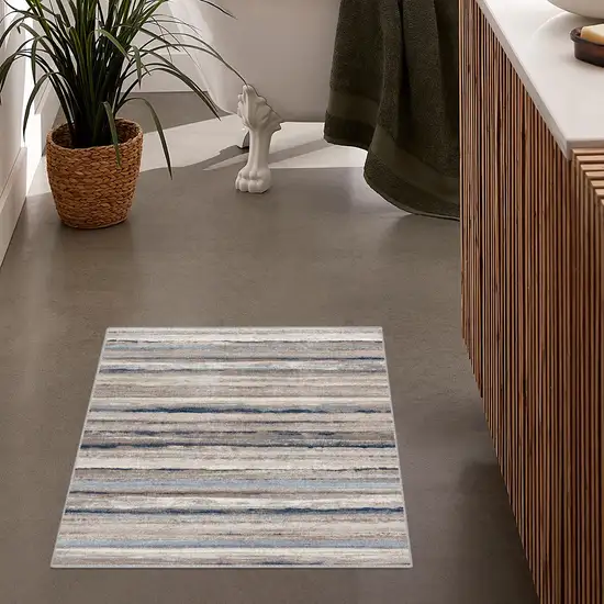 Blue and Beige Distressed Stripes Scatter Rug Photo 2