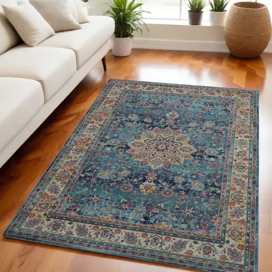 Blue and Beige Floral Distressed Area Rug Photo 1