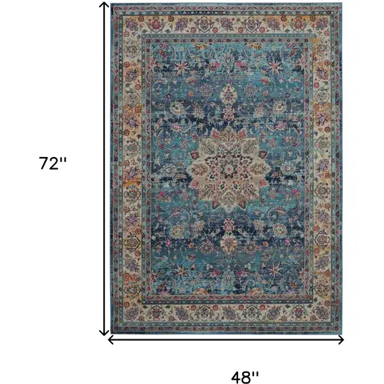 Blue and Beige Floral Distressed Area Rug Photo 3