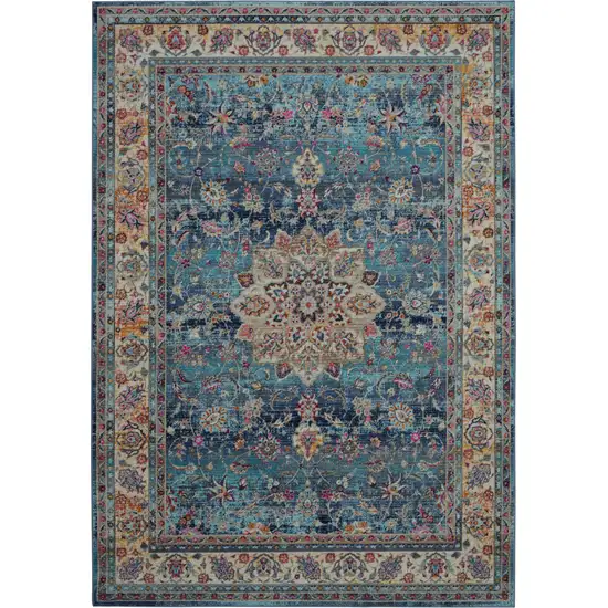 Blue and Beige Floral Distressed Area Rug Photo 2