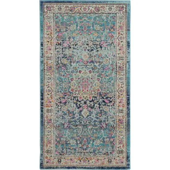 Blue and Beige Floral Distressed Area Rug Photo 2