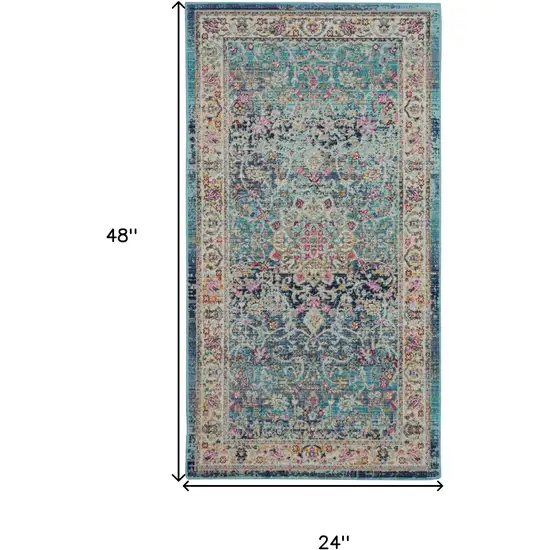 Blue and Beige Floral Distressed Area Rug Photo 3