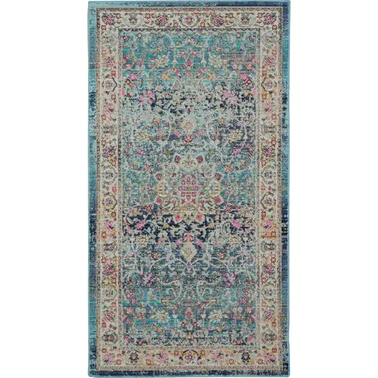 Blue and Beige Floral Distressed Area Rug Photo 7