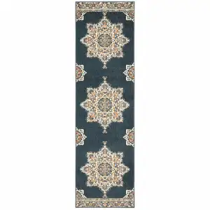 Photo of Blue and Beige Floral Medallion Indoor Runner Rug