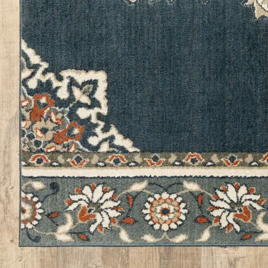 Blue and Beige Floral Medallion Indoor Runner Rug Photo 4