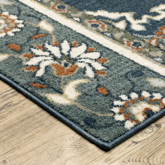 Blue and Beige Floral Medallion Indoor Runner Rug Photo 6