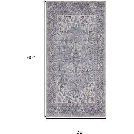 Blue and Beige Floral Power Loom Distressed Area Rug Photo 3