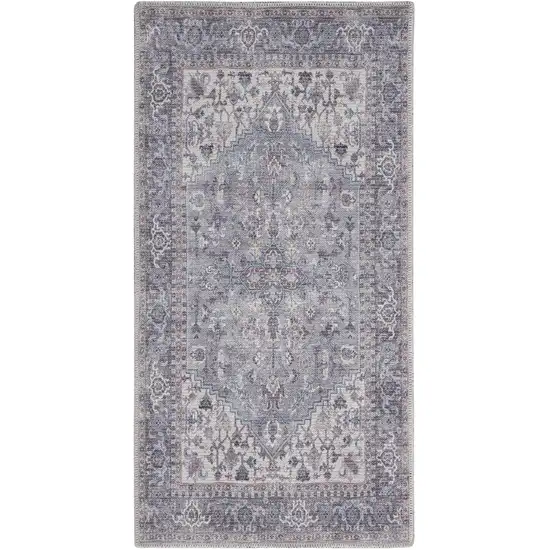 Blue and Beige Floral Power Loom Distressed Area Rug Photo 2