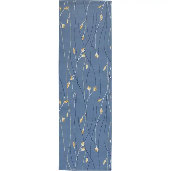 Blue and Beige Floral Power Loom Runner Rug Photo 2