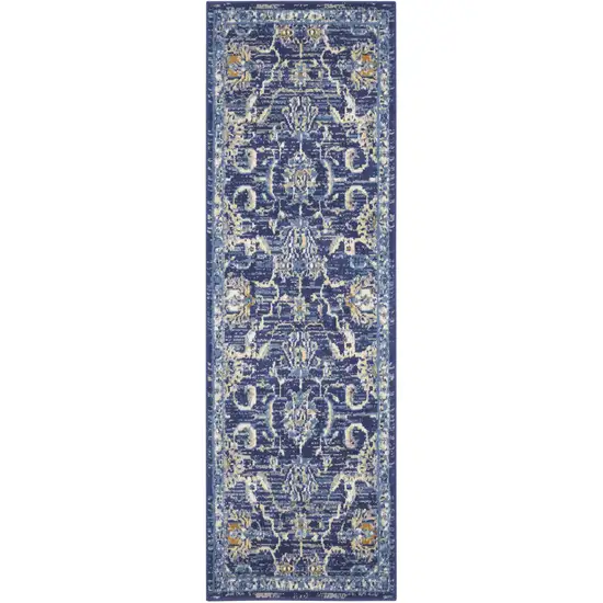 Blue and Beige Floral Power Loom Runner Rug Photo 2