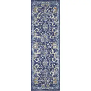 Photo of Blue and Beige Floral Power Loom Runner Rug