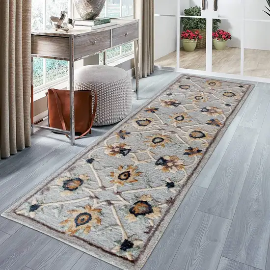 Blue and Beige Floral Runner Rug Photo 6