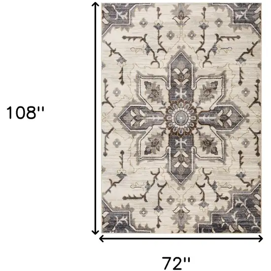 Ivory Gray and Black Floral Medallion Power Loom Area Rug Photo 3