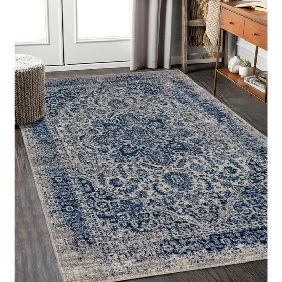 Blue and Beige Oriental Power Loom Area Rug Photo 3