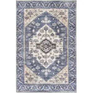 Photo of Blue and Beige Oriental Power Loom Distressed Washable Non Skid Area Rug