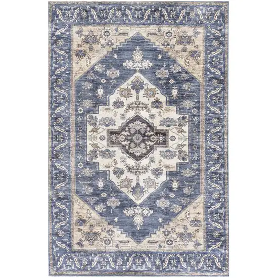 Blue and Beige Oriental Power Loom Distressed Washable Non Skid Area Rug Photo 1