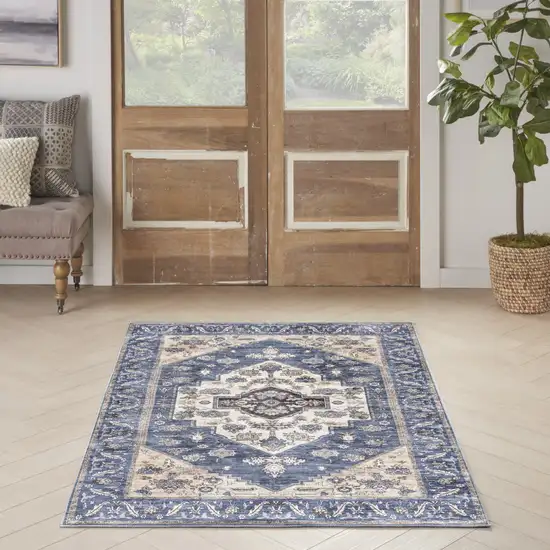 Blue and Beige Oriental Power Loom Distressed Washable Non Skid Area Rug Photo 8