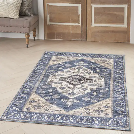 Blue and Beige Oriental Power Loom Distressed Washable Non Skid Area Rug Photo 7