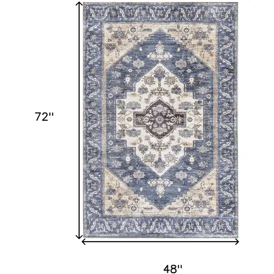 Blue and Beige Oriental Power Loom Distressed Washable Non Skid Area Rug Photo 10