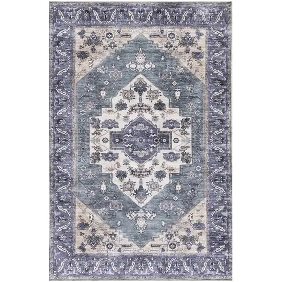 Blue and Beige Oriental Power Loom Distressed Washable Non Skid Area Rug Photo 1