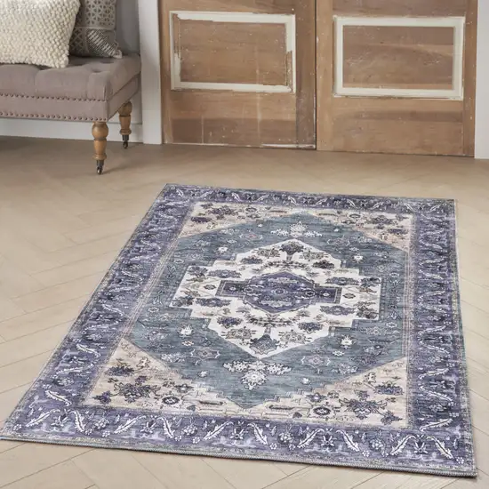 Blue and Beige Oriental Power Loom Distressed Washable Non Skid Area Rug Photo 7