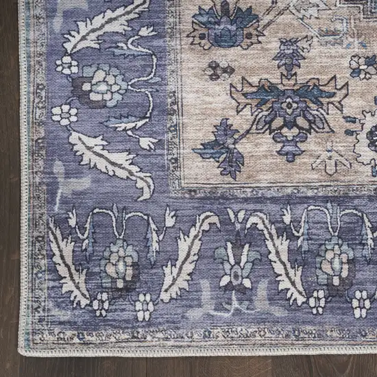 Blue and Beige Oriental Power Loom Distressed Washable Non Skid Area Rug Photo 2