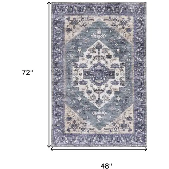 Blue and Beige Oriental Power Loom Distressed Washable Non Skid Area Rug Photo 10