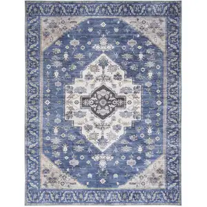 Photo of Blue and Beige Oriental Power Loom Distressed Washable Non Skid Area Rug