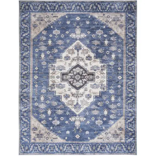 Blue and Beige Oriental Power Loom Distressed Washable Non Skid Area Rug Photo 1