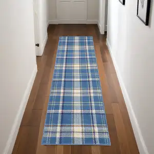 Photo of Blue and Beige Plaid Power Loom Runner Rug