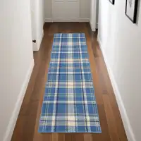 Photo of Blue and Beige Plaid Power Loom Runner Rug