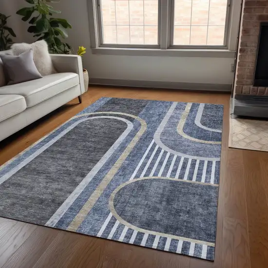 Blue and Black Abstract Washable Indoor Outdoor Area Rug Photo 7