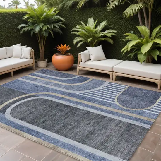 Blue and Black Abstract Washable Indoor Outdoor Area Rug Photo 1