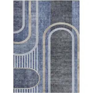 Photo of Blue and Black Abstract Washable Non Skid Indoor Outdoor Area Rug