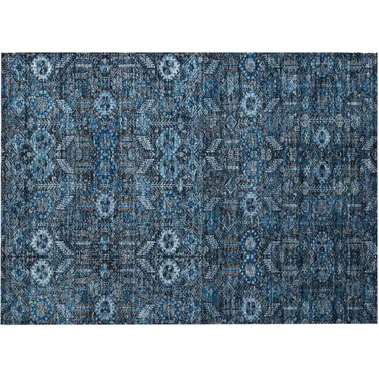 Blue and Black Floral Washable Non Skid Indoor Outdoor Area Rug Photo 4