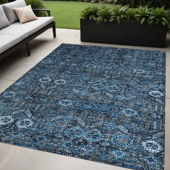 Blue and Black Floral Washable Non Skid Indoor Outdoor Area Rug Photo 1