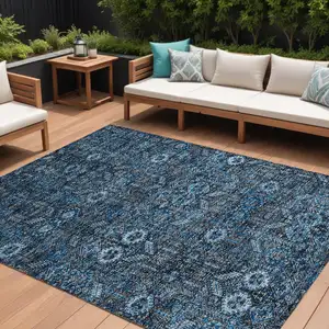 Photo of Blue and Black Floral Washable Non Skid Indoor Outdoor Area Rug